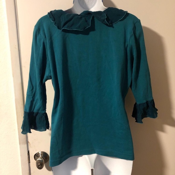 Funky Vintage Teal patchwork blouse with ruffle Peter Pan collar & 3/4 sleeves - Picture 5 of 8